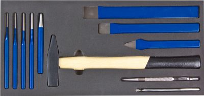 ADB Hammer/Meißel-Set, 11-teilig, Schaumstoffeinlage L 400 x B 190 x H 35 mm, blau/schwarz