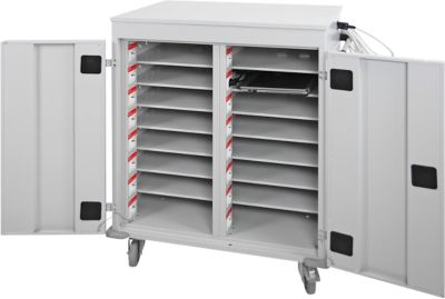 ADB Laptopwagen, 16 Fächer, Stromversorgung, belüftet, Zylinderschloss, 67 kg, B 920 x T 500 x H 1060, lichtgrau RAL 7035