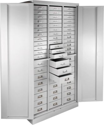 ADB Schubladenschrank, 60 Schubladen, Zylinderschloss, 2-Punkt-Verriegelung, B 800 x T 410 x H 1790 mm, lichtgrau RAL 7035