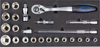 ADB Steckschlüssel-Garnitur 1/2", 24-teilig, Chrom-Vanadium, SW 10-32, inkl. Umschaltknarre, L 400 x B 190 x H 35 mm
