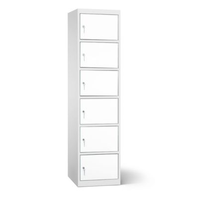 Akku Ladeschrank, 6 Abteile mit Zylinderschloss, CH-Stecker, Stahlblech lichtgrau RAL 7035/reinweiss RAL 9010