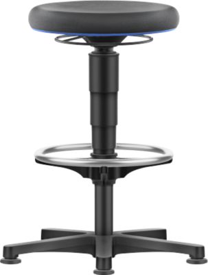 Allround Hocker Bimos, sitzhöhenverstellbar 560-810 mm, mit Gleiter & Fußring, Supertec-Bezug, schnitt- & rutschfest, mit Mikropanzerung, Farbring blau