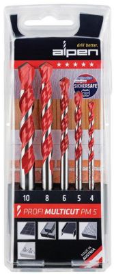 ALPEN Bohrersatz Profi Multicut, 5-tlg. Ø 4-10 mm, rund, für Fliesen, Mauerwerk, Metall, Holz & Kunststoff