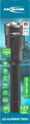 ANSMANN LED Taschenlampe T12000FR, 12.000 Lumen, 4 Leuchtfunktionen, Powerbankfunktion, IPX5/IK07, schwarz