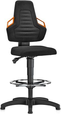 Arbeitsdrehstuhl, Gleiter + Fußring, Stoff schwarz, Griffe orange