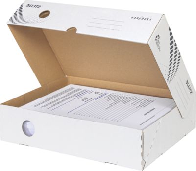 Archivboxen Leitz® Easyboxx 80, DIN A4, Aufbau-Automatik, Deckel, Griffloch Beschriftungsfeld,  B 80 mm, weiß, 25 Stück