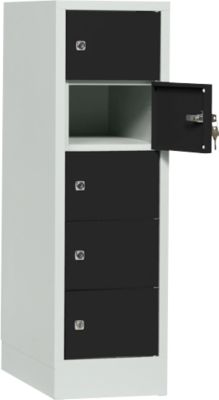 Armoire à casier verrouillable, tôle d'acier, Charnière de porte côté droit, serrure à cylindre, 5 compartiments, l. 300 x H 965 mm, gris cl. RAL 7035/noir int. RAL 9005