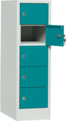 Armoire à casier verrouillable, tôle d'acier, Charnière de porte côté droit, serrure à cylindre, 5 compartiments, l. 300 x H 965 mm, gris cl. RAL 7035/turquoise RAL 5021