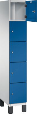 Armoire à casiers Cambio C+P, 1 compartiment, 5 casiers, sur pieds, L 300 x P 525 x H 1980 mm, gris clair/bleu gentiane