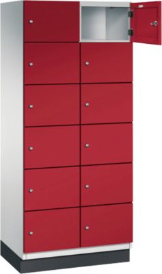 Armoire à casiers Cambio C+P, 2 compartiments, 12 casiers, avec socle, L 800 x P 525 x H 1980 mm, gris clair/rouge rubis