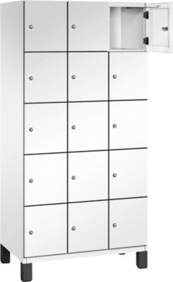 Armoire à casiers Cambio C+P, 3 compartiments, 15 casiers, sur pieds, L 900 x P 525 x H 1980 mm, blanc trafic
