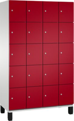 Armoire à casiers Cambio C+P, 4 compartiments, 20 casiers, sur pieds, L 1200 x P 525 x H 1980 mm, gris clair/rouge rubis