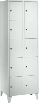 Armoire à casiers pour objets de valeur 300 mm, 2 compartiments, 10 casiers, serrure à cylindre de sécurité, pied, gris clair