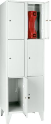 Armoire à casiers pour objets de valeur 300 mm, 2 compartiments, 6 casiers, serrure à cylindre de sécurité, pied, gris clair