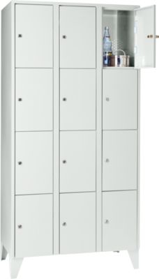 Armoire à casiers pour objets de valeur 300 mm, 3 compartiments, 12 casiers, serrure à cylindre de sécurité, pied, gris clair