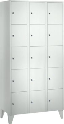 Armoire à casiers pour objets de valeur 300 mm, 3 compartiments, 15 casiers, serrure à cylindre de sécurité, pied, gris clair