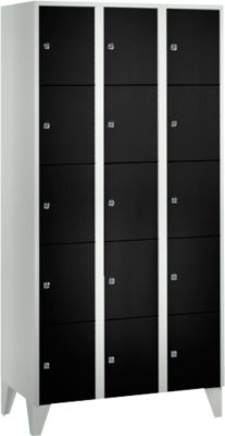 Armoire à casiers pour objets de valeur 300 mm, 3 compartiments, 15 casiers, serrure à cylindre de sécurité, pied, noir ébène