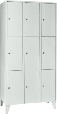 Armoire à casiers pour objets de valeur 300 mm, 3 compartiments, 9 casiers, serrure à cylindre de sécurité, pied, gris clair