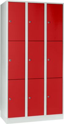 Armoire à casiers pour objets de valeur 300 mm, 3 compartiments, 9 casiers, serrure à cylindre de sécurité, sur socle, rouge feu