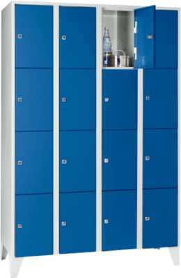 Armoire à casiers pour objets de valeur 300 mm, 4 compartiments, 16 casiers, serrure à cylindre de sécurité, pied, bleu gentiane