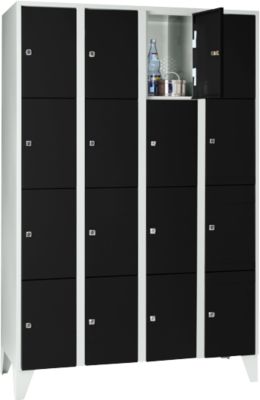 Armoire à casiers pour objets de valeur 300 mm, 4 compartiments, 16 casiers, serrure à cylindre de sécurité, pied, noir ébène