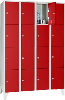 Armoire à casiers pour objets de valeur 300 mm, 4 compartiments, 16 casiers, serrure à cylindre de sécurité, pied, rouge feu