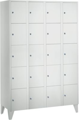 Armoire à casiers pour objets de valeur 300 mm, 4 compartiments, 20 casiers, serrure à cylindre de sécurité, pied, gris clair