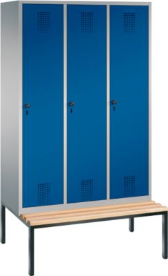 Armoire à linge avec banquette, 3 compartiments, verrou de sécurité, aluminium blanc/bleu azur