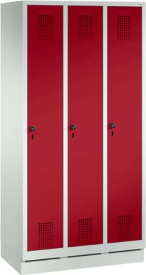 Armoire à linge avec base, 3 compartiments, verrou de sécurité, gris clair/rouge rubis.