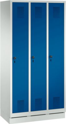 Armoire à linge avec piédestal, 3 compartiments, verrou de sécurité, gris clair/bleu azur