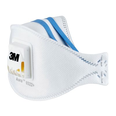 Atemschutzmaske 3M Aura™ Cool Flow™ 9322+, Typ FFP2, 94 % Partikelfilterung, mit Ventil, 3-teiliges Design, flach faltbar, weiss, 2 Stück