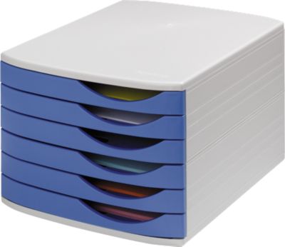 ATLANTA Schubladenbox, 6 flache Schubladen geschlossen, DIN A4, Polystyrol, grau/blau