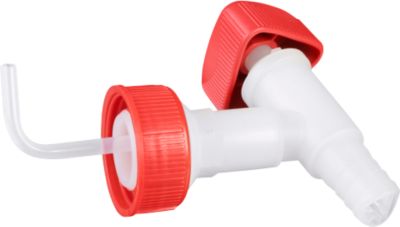 Auslaufhahn für Industriekanister 5 + 10 l, DIN 45, für Chemikalien, Säuren & Laugen, Drehgriff, PE, weiß-rot