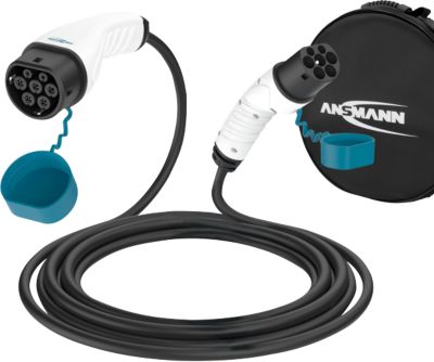 Autoladekabel Ansmann, für Elektroautos/Hybridautos, Anschluss Typ 2, 3-phasig, Ladeleistung 11 kW, IP55, Länge 7,5 m, Kunststoff, anthrazit-blau-weiß