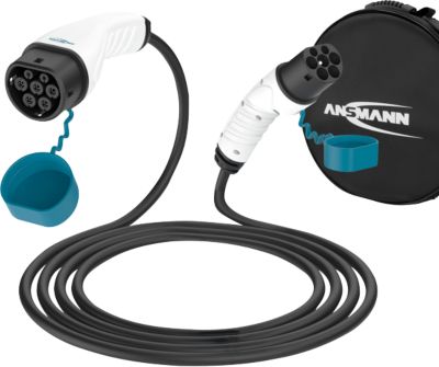 Autoladekabel Ansmann, für Elektroautos/Hybridautos, Anschluss Typ 2, 3-phasig, Ladeleistung 22 kW, IP55, Länge 5 m, Kunststoff, anthrazit-blau-weiß