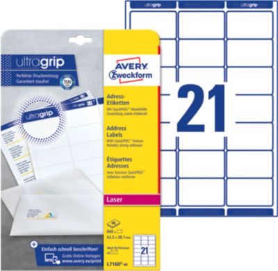 Avery Zweckform Adressetiketten L7160-40, mit ultragrip, geeignet für Laserdrucker, 63,5 x 38,1 mm, 840 Stück/40 A4-Bogen, 100 % FSC®-Papier, weiß