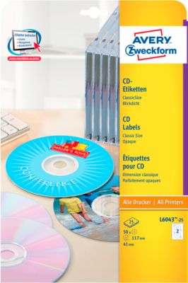 Avery Zweckform CD-Etiketten L6043-25 ClassicSize, geeignet für Inkjet-& Laserdrucker, blickdicht, Ø 117 mm, 50 Stück/25 A4-Bogen, FSC®-Papier, weiß