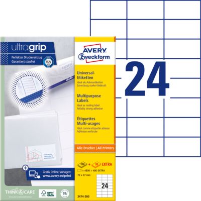 Avery® Zweckform Etiketten 3474-200, A4, universell, permanenthaftend, ultragrip, druckergeeignet, FSC®-Papier, rechteckig, weiß, 5280 Stück auf 220 Bogen