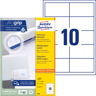 Avery® Zweckform Etiketten 3679, A4, universell, permanenthaftend, ultragrip, druckergeeignet, FSC®-Papier, rechteckig, weiß, 1000 Stück auf 100 Bogen