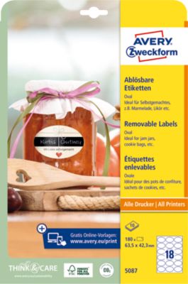 Avery® Zweckform Etiketten 5087, Format A4, ablösbar, druckergeeignet, 63,5 x 42,3 mm, 10 Bogen mit 180 Stück, FSC®-Papier, oval, weiß