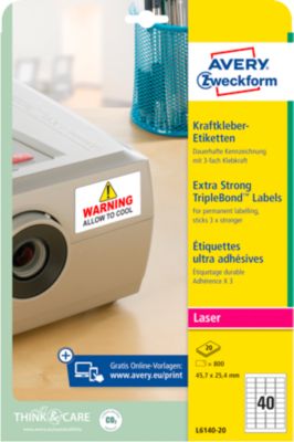 Avery Zweckform Etiketten L6140-20, extra stark haftend, geeignet für Laserdrucker, 45,7 x 25,4 mm, 800 Stück/20 A4-Bogen, Polyesterfolie, weiß