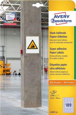 Avery Zweckform Etiketten L7871-20, stark haftend, geeignet für Inkjet-& Laserdrucker, 25,4 x 10 mm, 3780 Stück/20 A4-Bogen, 100 % FSC®-Papier, weiß