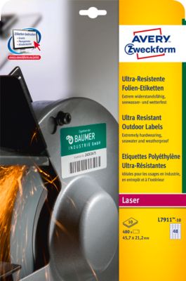 Avery Zweckform Etiketten L7911-10, ultraresistent, geeignet für Laserdrucker, 45,7 x 21,2 mm, 480 Stück, PE-Folie, weiß