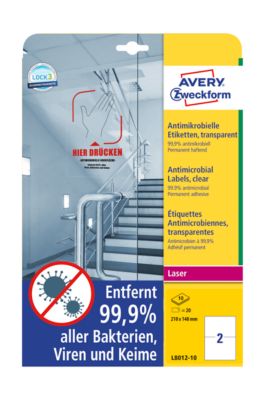 Avery Zweckform Etiketten Serie L8012-10, antimikrobiell, desinfektionsmittelbeständig, für Laserdrucker, 210 x 148 mm, 20 Stück/10 A4-Bogen, Folie, transparent