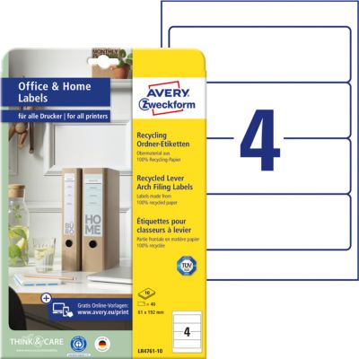 Avery® Zweckform Ordner-Etiketten LR4761, für breite Ordner (kurz), druckergeeignet, Recycling-Papier, rechteckig, naturweiß, 40 Stück auf 10 Blatt