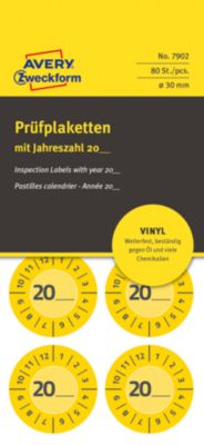 Avery Zweckform Prüfplakette 7902 mit Jahreszahl 20__zum Selbereintragen, extrem robust, Ø 30 mm, 80 Stück/10 Bogen, Vinylfolie, gelb
