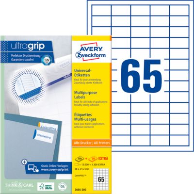 AVERY Zweckform Universal-Etiketten 3666-200, ultragrip, 38 x 21,2 mm, 13000 + 1300 Stück