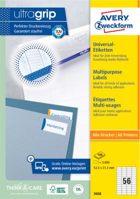 AVERY Zweckform Universal-Etiketten 3668, ultragrip, 52,5 x 21,2 mm, 5600 Stück