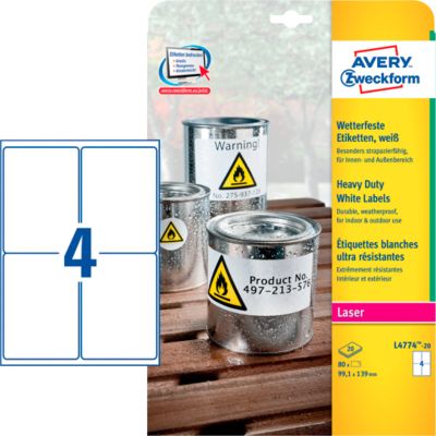 Avery Zweckform Wetterfeste Folienetiketten L4774-20, A4, 80 Etiketten, weiß