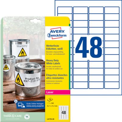 Avery Zweckform Wetterfeste Folienetiketten L4778-20, A4, 960 Etiketten, weiß